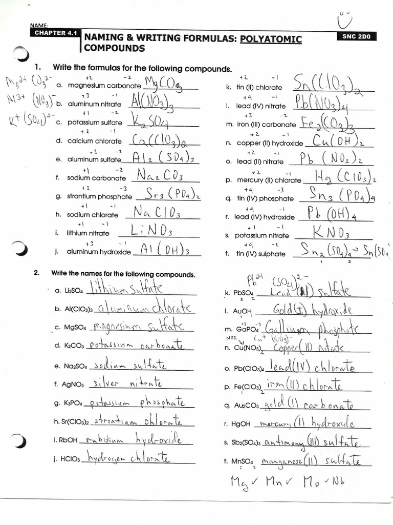 3a. Polyatomic Compounds Worksheet Solution Pg2 | PDF