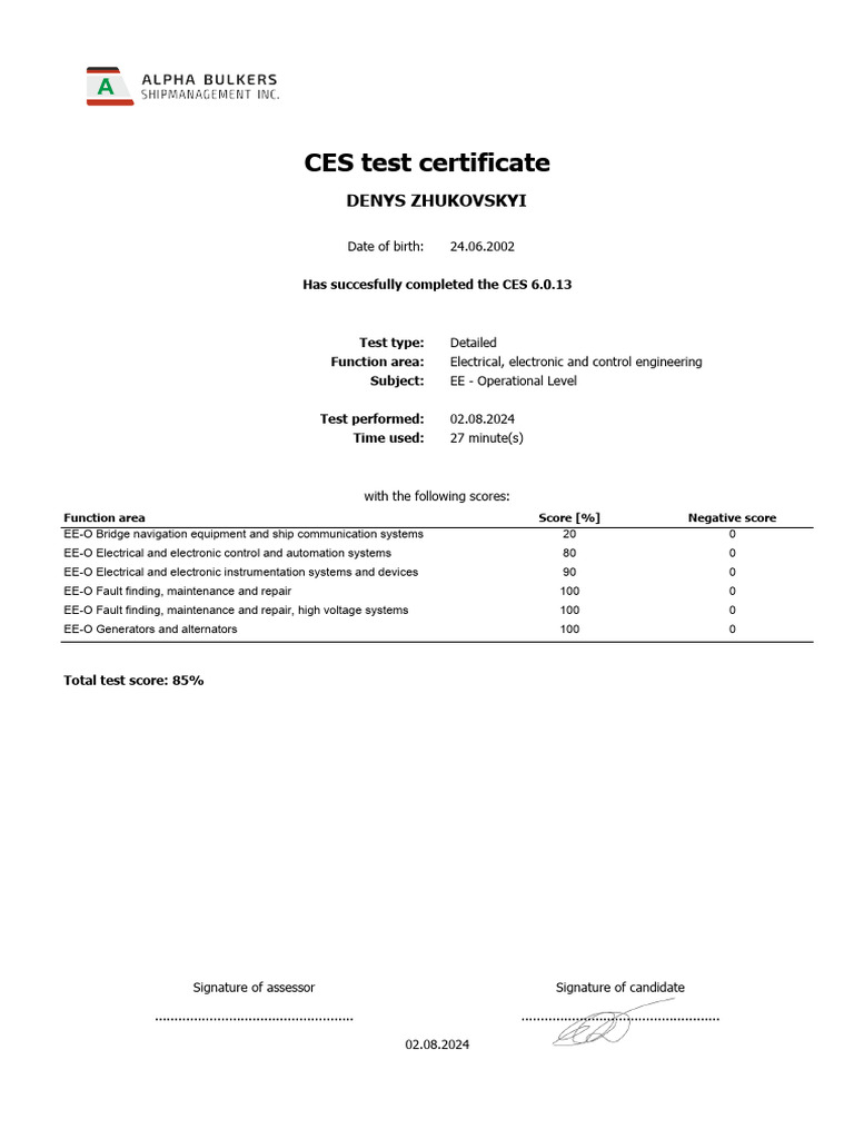 CES Test Certificate for Denys Zhukovskyi | PDF
