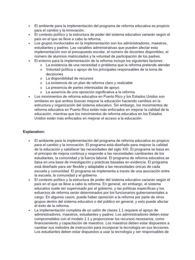 El Ambiente para La Implementación Del Programa de Reforma Educativa Es ...