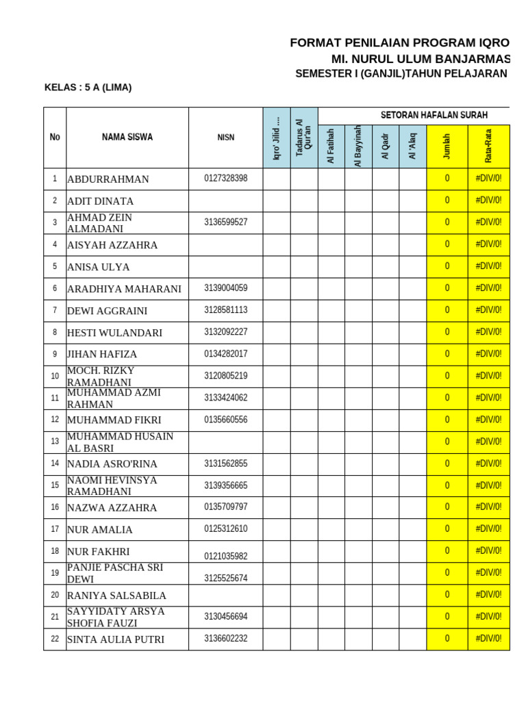 Format Nilai Tahsin Kls 5 Muslim & Hayatul | PDF