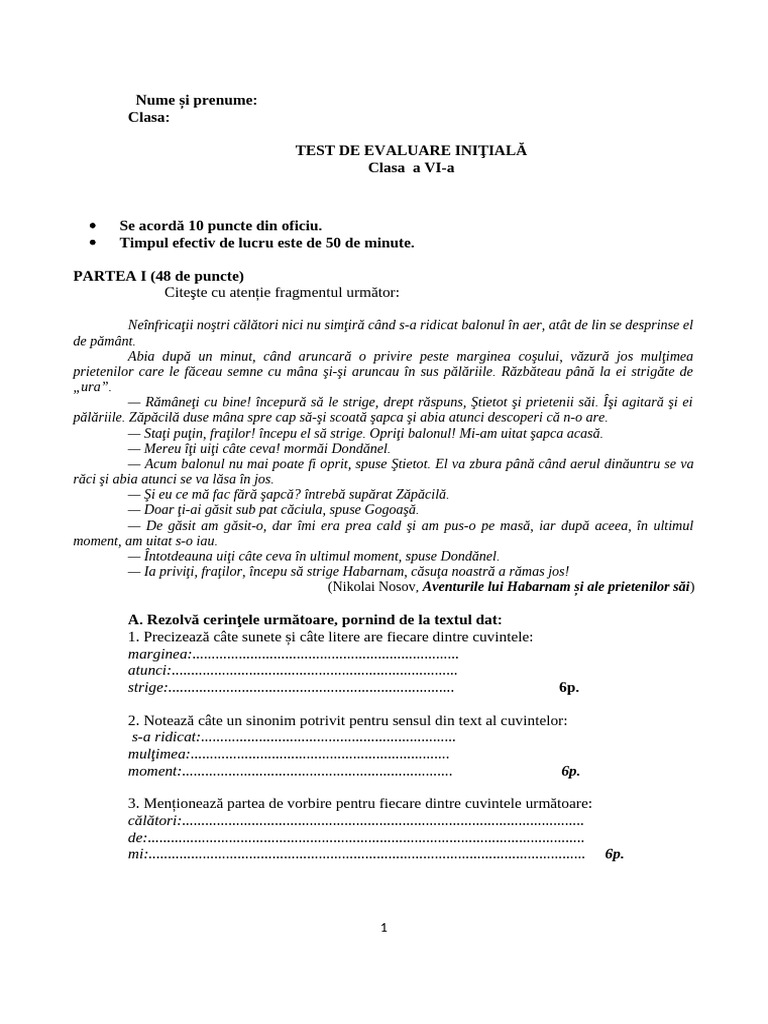 Test Initial Clasa A VI | PDF