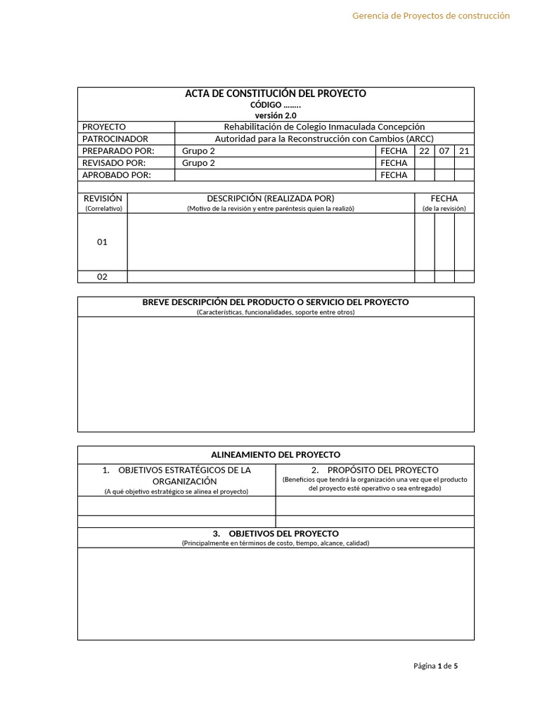 Acta de Constitucion Del Proyecto - Plantilla | PDF
