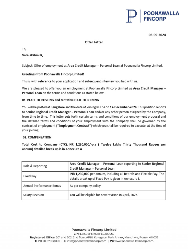Varalakshmi R Offer Letter | PDF