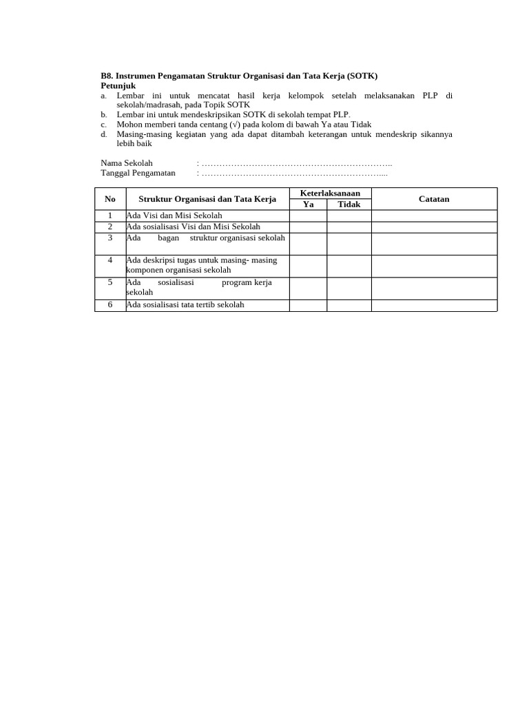 B8. Instrumen Pengamatan Struktur Organisasi Dan Tata Kerja (SOTK) | PDF