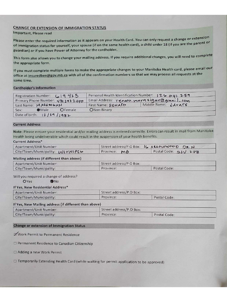 Renato - Change of Immigraton Status Form | PDF