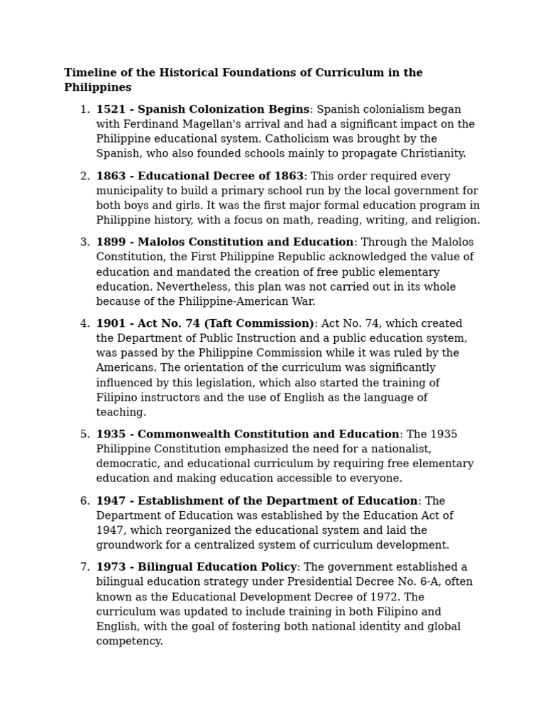 Timeline of The Historical Foundations of Curriculum in The Philippines ...