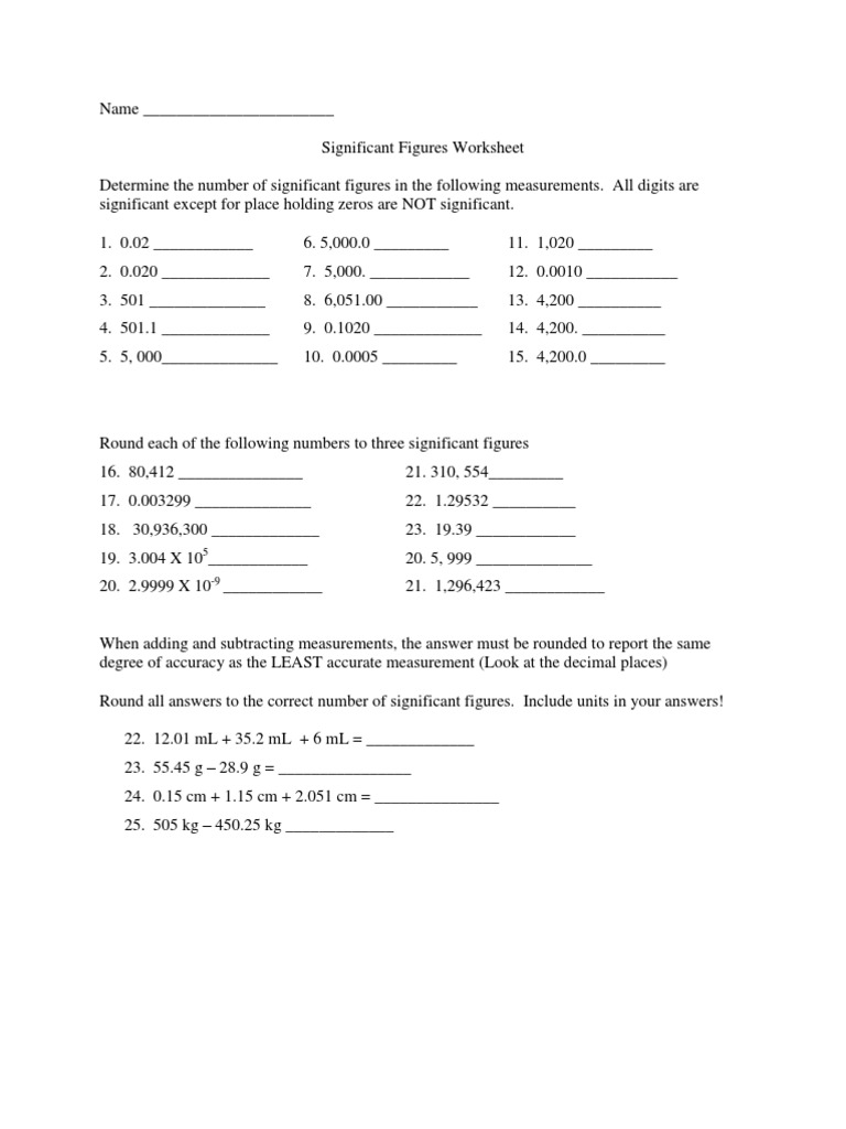 Significant Figure Worksheet PDF
