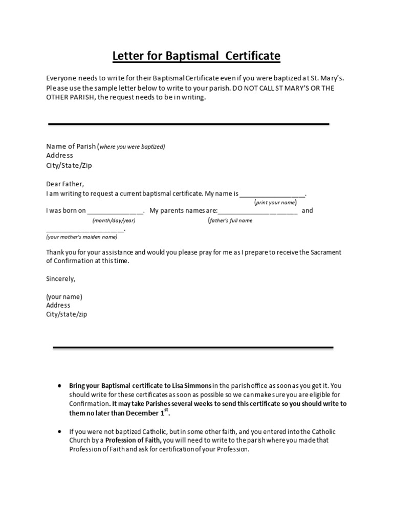 Sample Letter of No Baptismal Certificate PDF