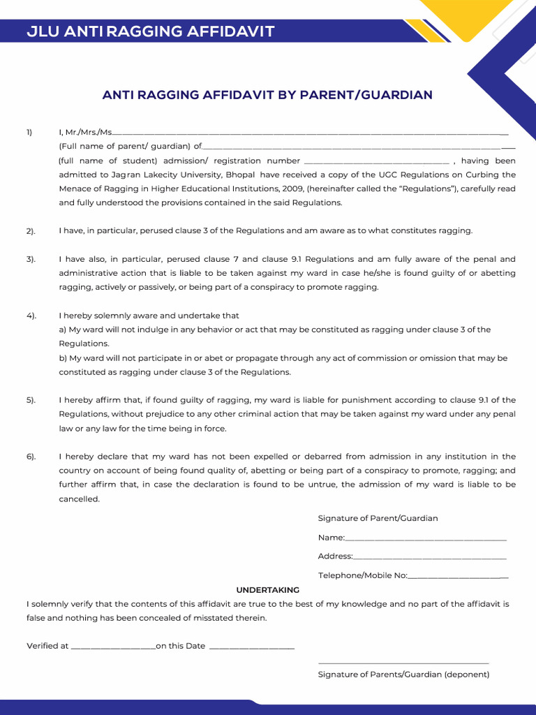 4 JLU - Anti Ragging - Affidavit Parents Hi | PDF