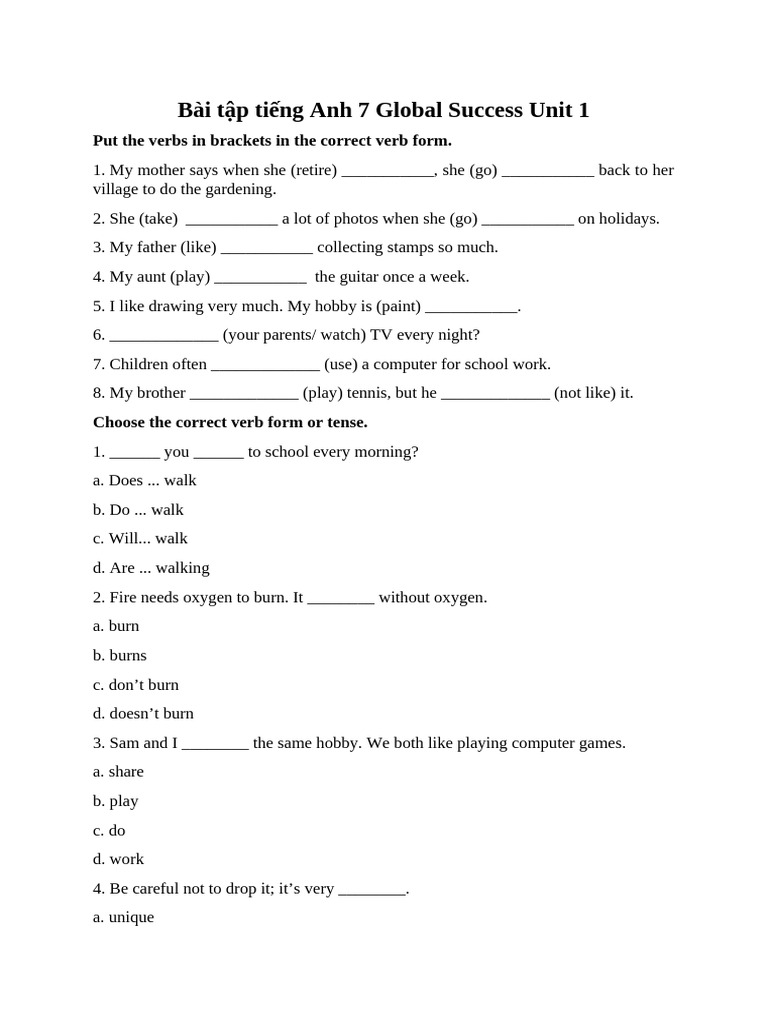 Bai Tap Tieng Anh 7 Global Success Unit 1 | PDF