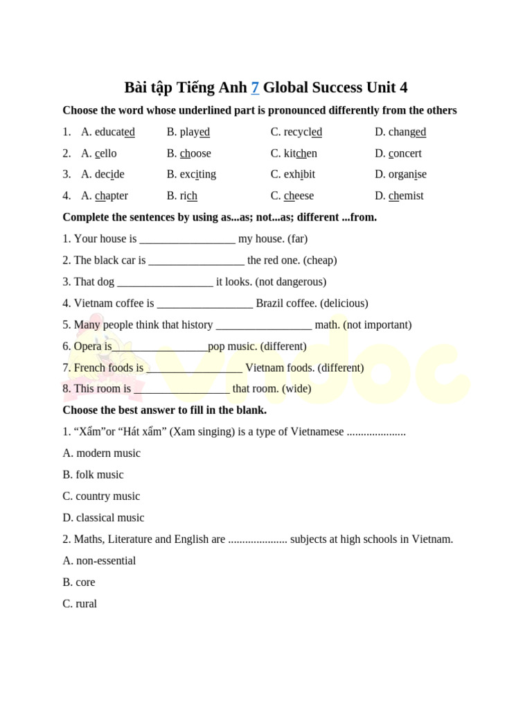 Bai Tap Tieng Anh 7 Global Success Unit 4 | PDF