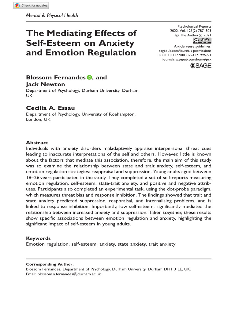 Self-Esteem's Role in Anxiety and Emotion Regulation | PDF | Anxiety ...
