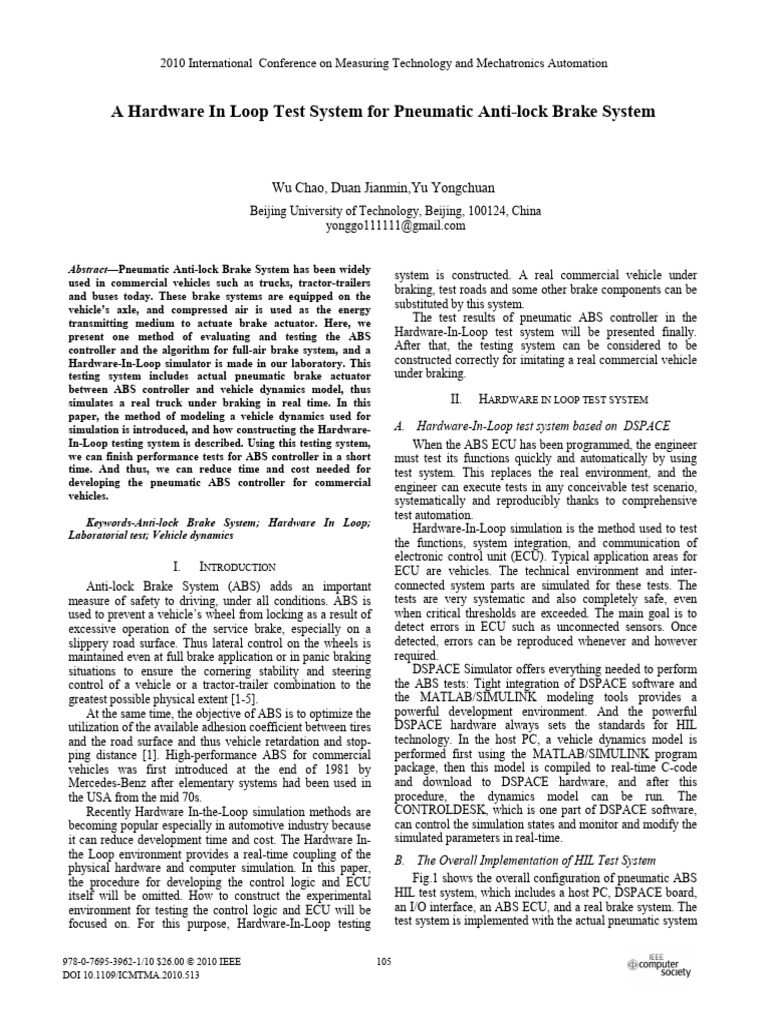 A Hardware in Loop Test System For Pneumatic Anti-Lock Brake System | PDF