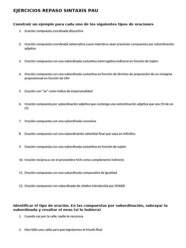 Ejercícios de Sintaxe PAU | PDF | Artes Linguísticas e Disciplina
