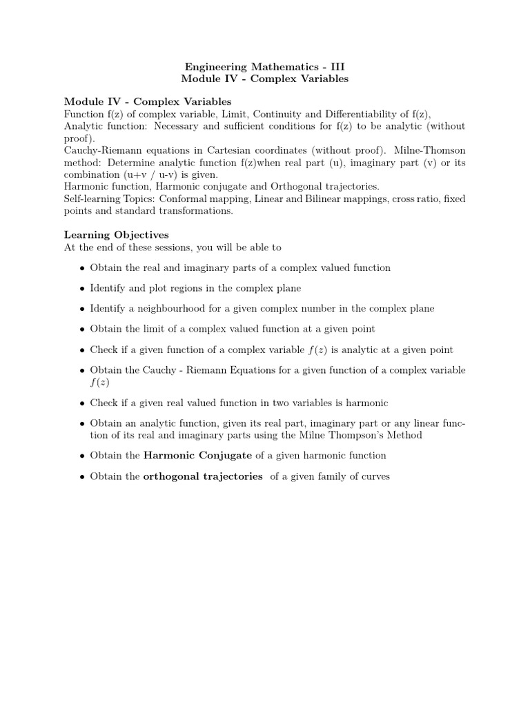 Notes and Practice Problems Functions of Complex Variables | PDF