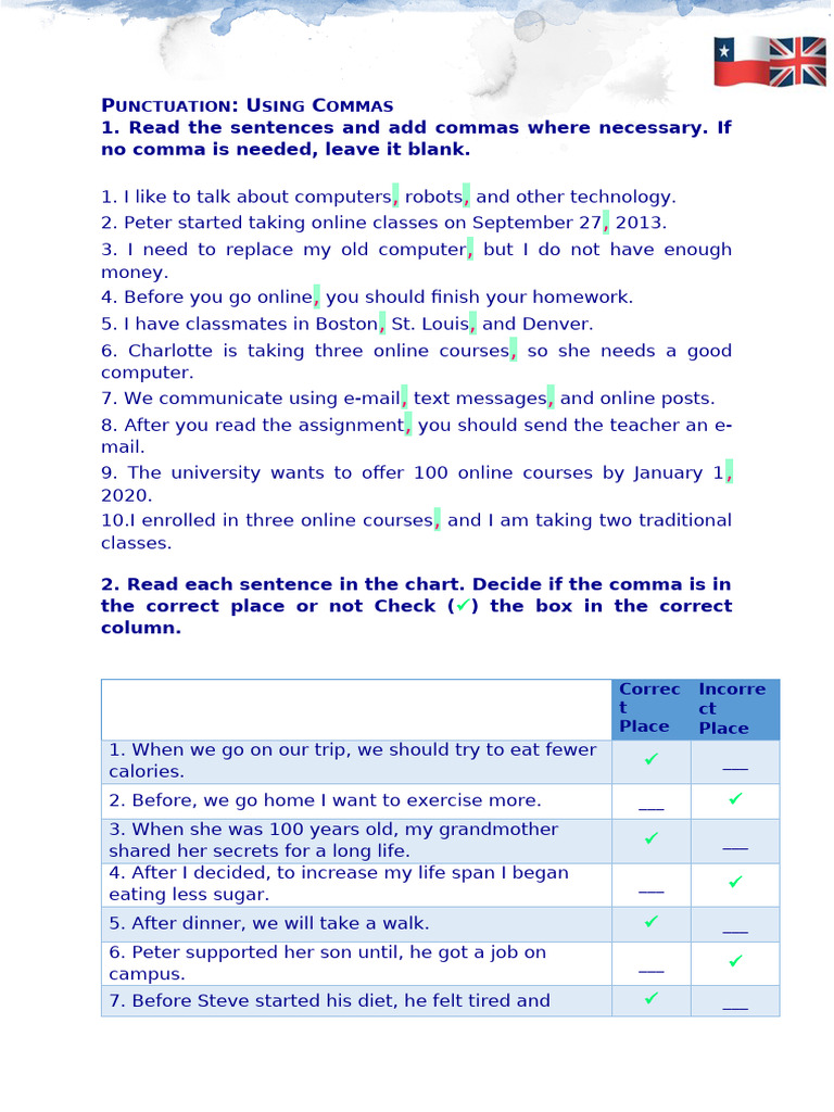 Using Commas Practice With Answers PDF