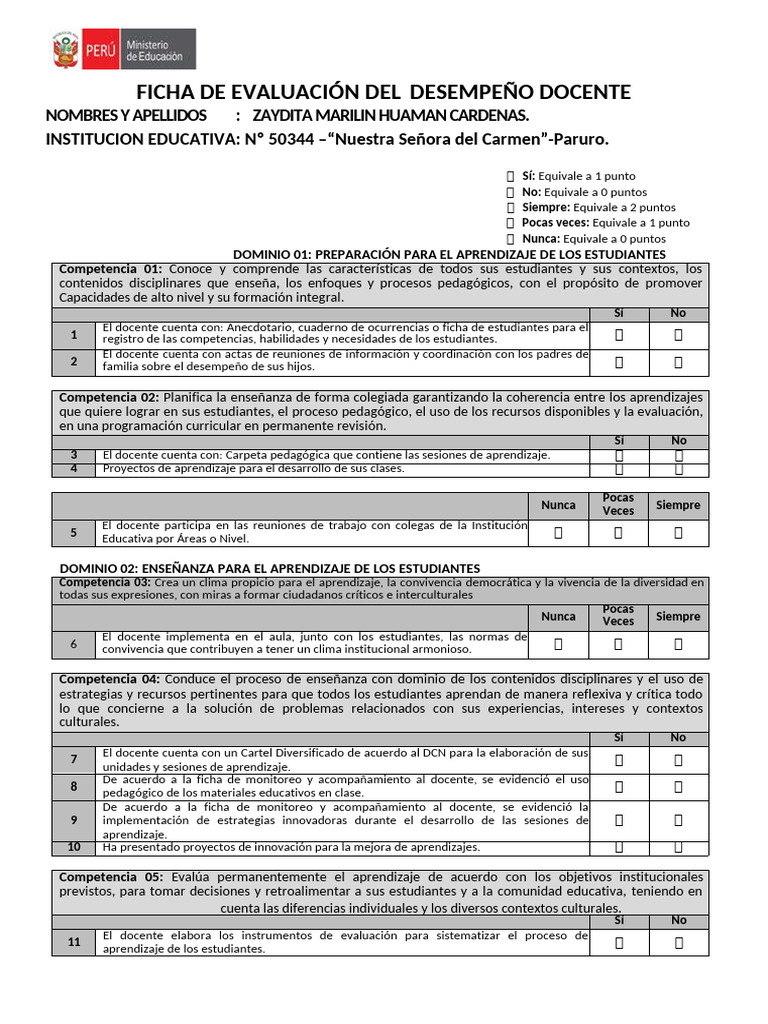 Ficha de Evaluación Del Desempeño Docente | PDF