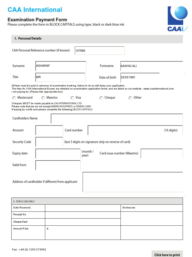 CAA International Exam Payment Form | PDF | Cheque | Credit Card