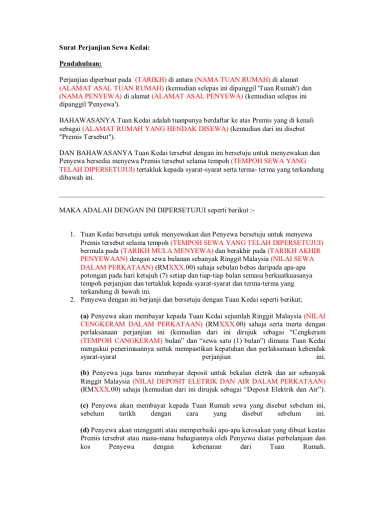 Contoh Surat Perjanjian Sewa Rumah Ringkas Di Malaysia