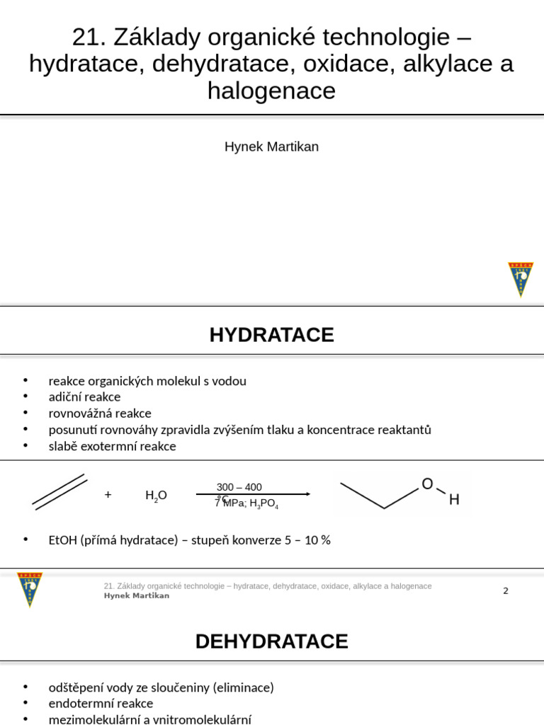 Oxidace, Halogenace, Chlorace, Hydratace, Dehydratace | PDF
