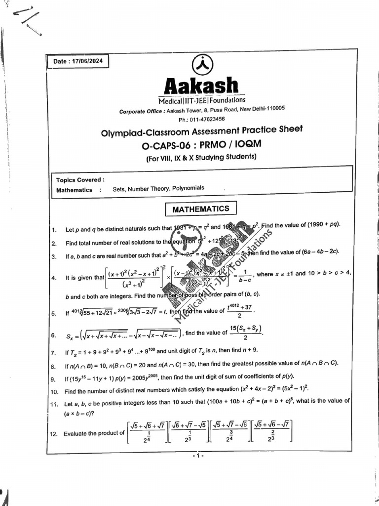 Aakash Olympiad Ioqm Ocap06 | PDF | Elementary Mathematics ...