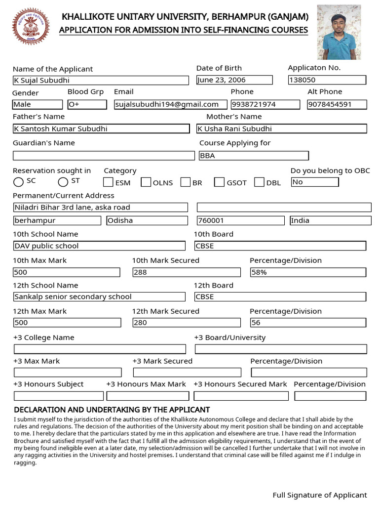Application For Admission Into Self Financing Courses 2024 25 PDF