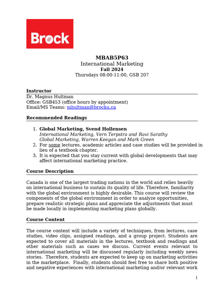 MBA International Marketing Course Outline Fall 2024 | PDF