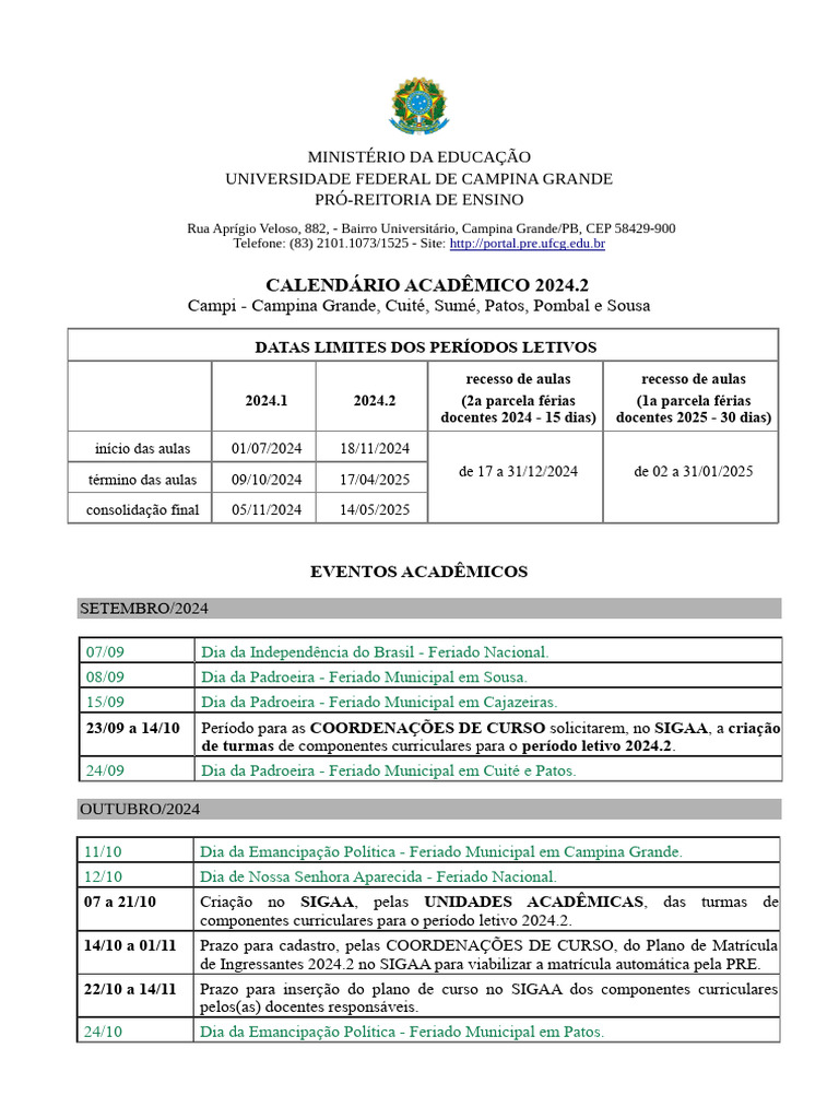 Calendario Academico - 2024.2 | PDF