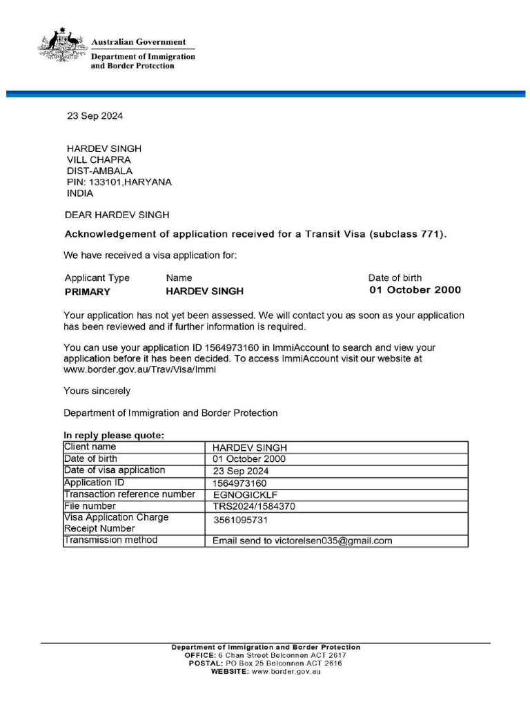 Acknowledgement Received Transit Visa 771 | PDF