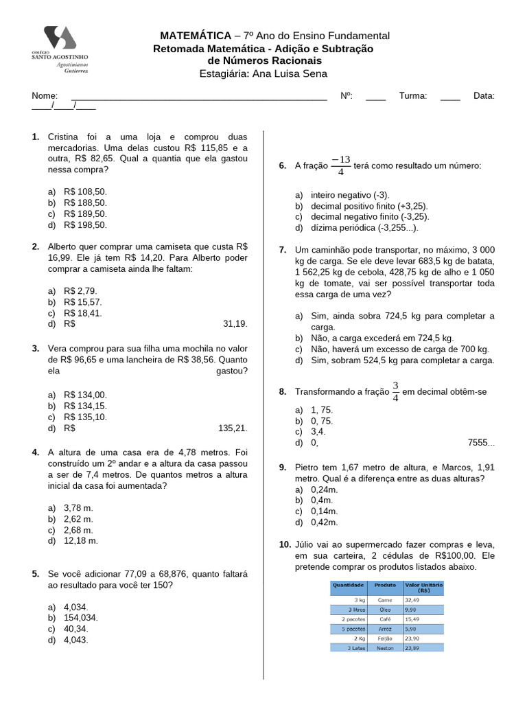 Retomada Matematica - 7º Ano - Adição e Subtração de Numeros Racionais ...