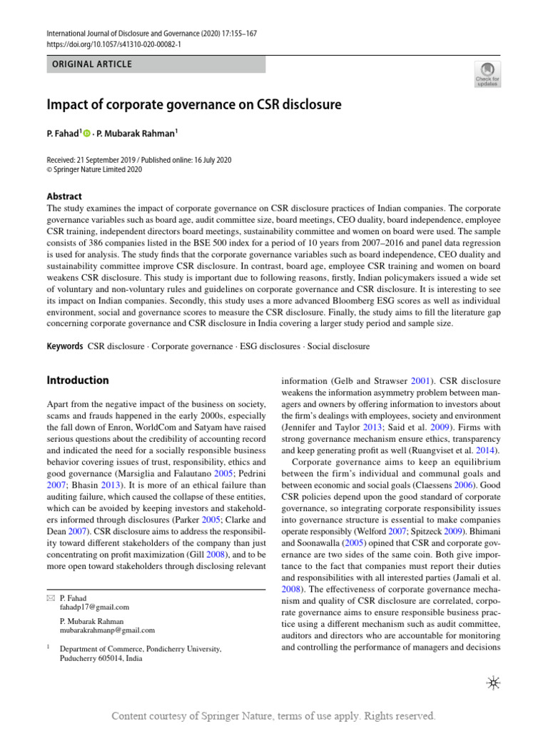 Impact of Corporate Governance On CSR Disclosure | PDF