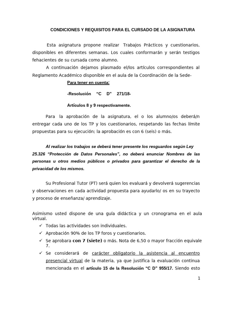 Condiciones y Requisitos para El Cursado de La Asignatura Observacion ...