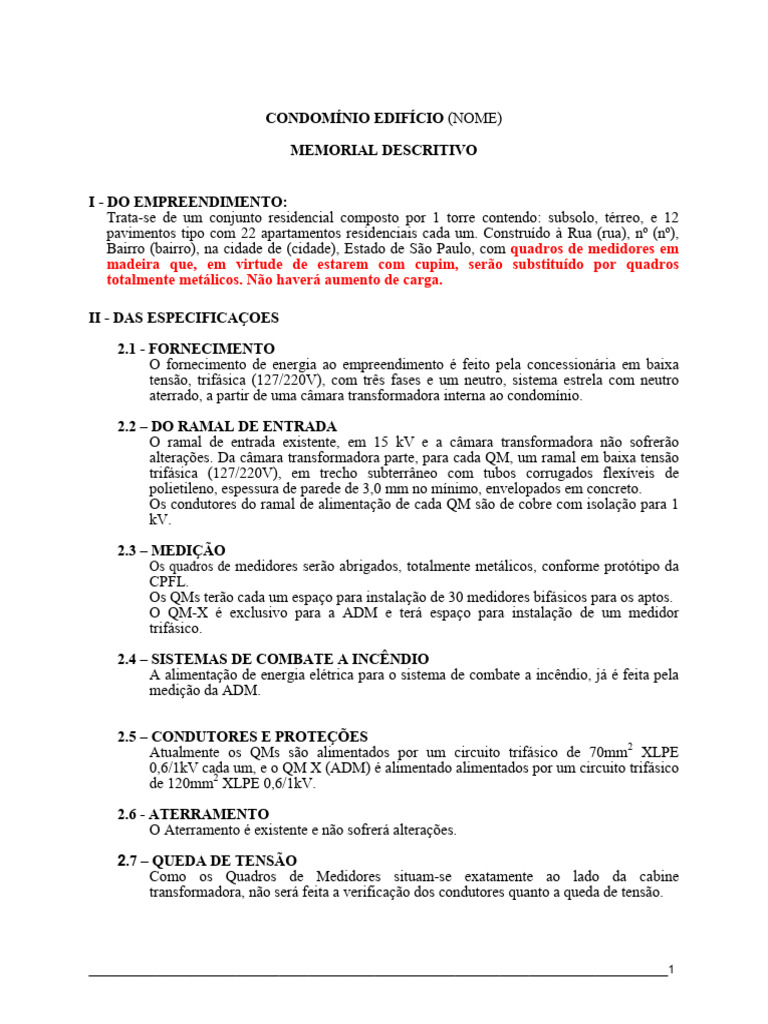 Memorial Descritivo do Edifício Residencial | PDF | Engenharia Elétrica ...