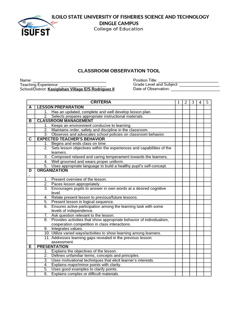 Classroom Observation Tool | PDF