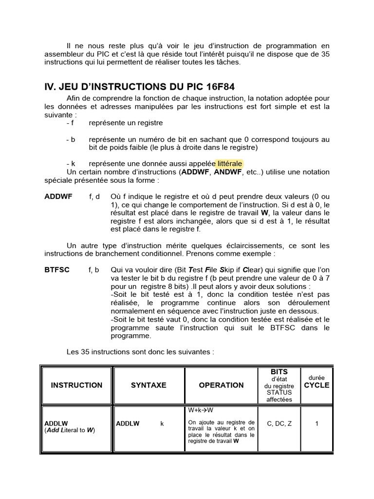 Jeu d'instructions du PIC 16F84 | PDF | Programme informatique ...