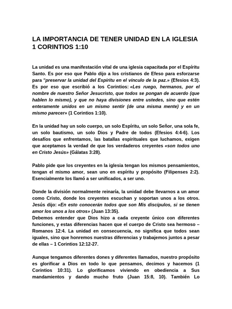 La Importancia de Tener Unidad en La Iglesia 1 Corintios | PDF