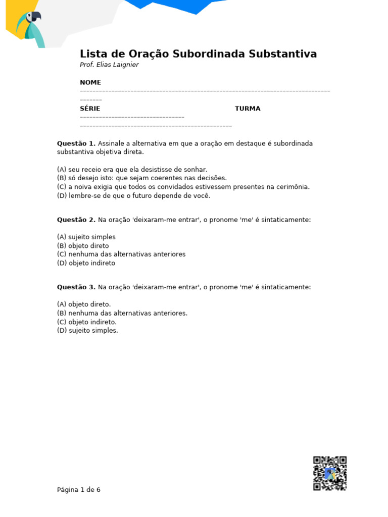 Lista de Oração Subordinada Substantiva | PDF