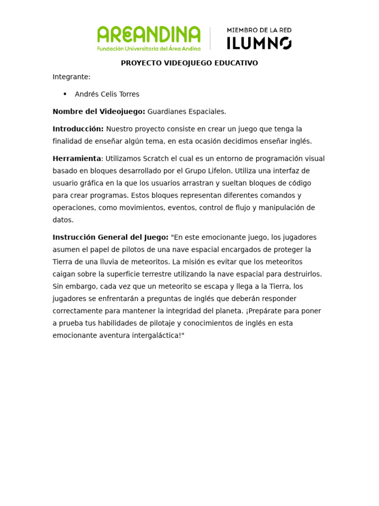 Documento Final Proyecto Videojuego Educativo | PDF
