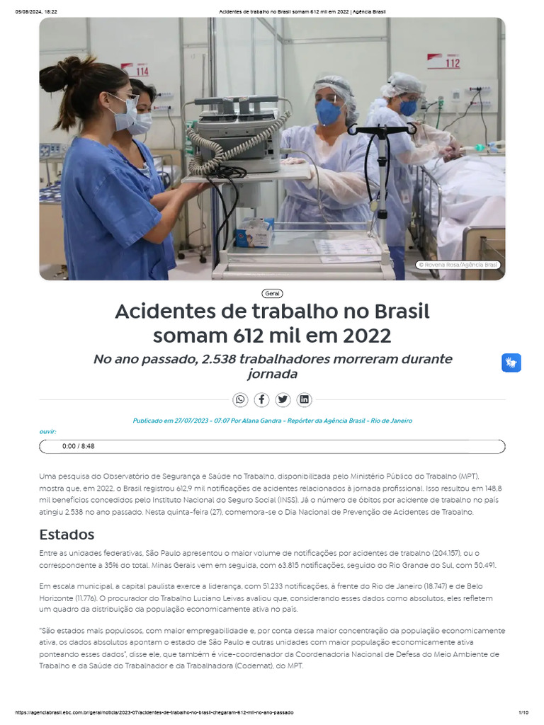 Acidentes de Trabalho No Brasil Somam 612 Mil em 2022 - Agência Brasil ...