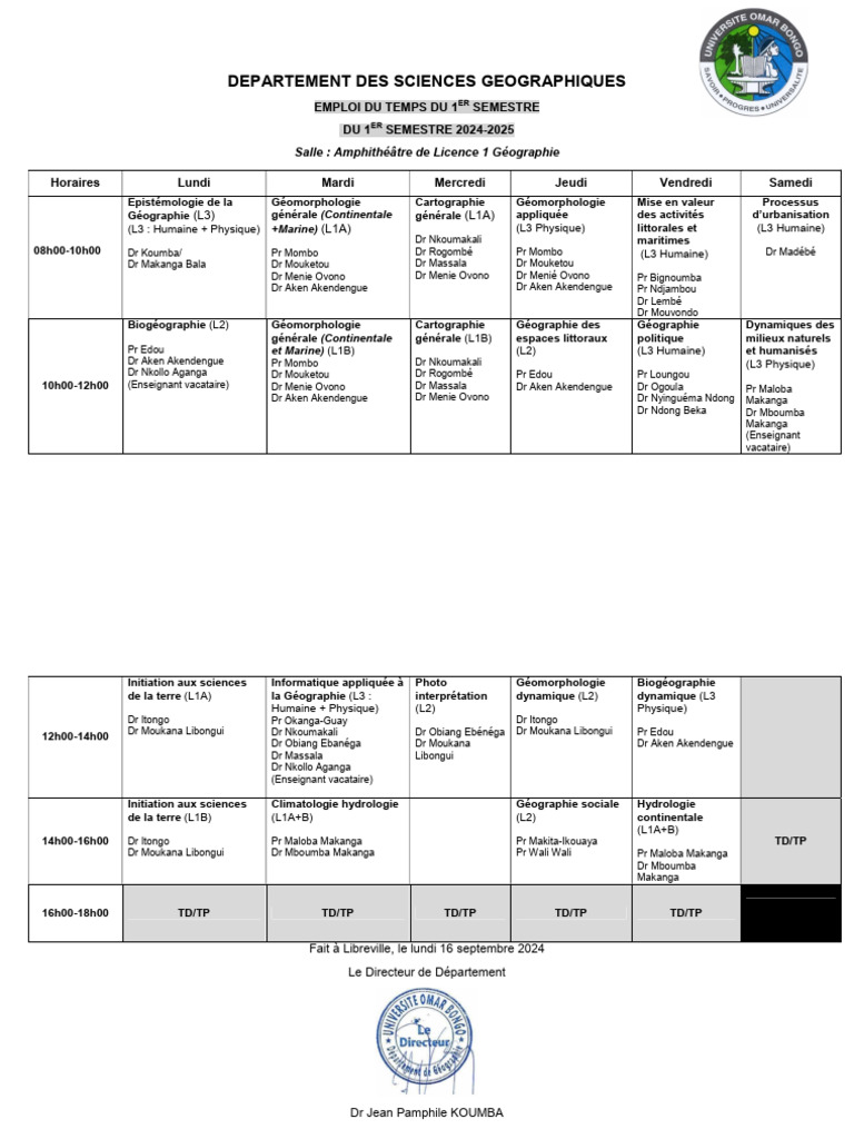 Emploi Du Temps 1er Semestre 2024-2025 | PDF