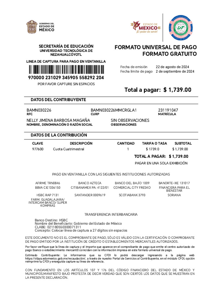 Formato de Pago Quinto | PDF | Bancos | Finanzas personales