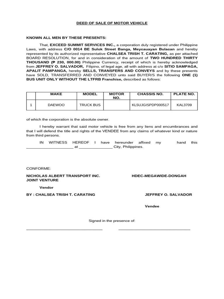 Deed of Sale of Motor Vehicle | PDF