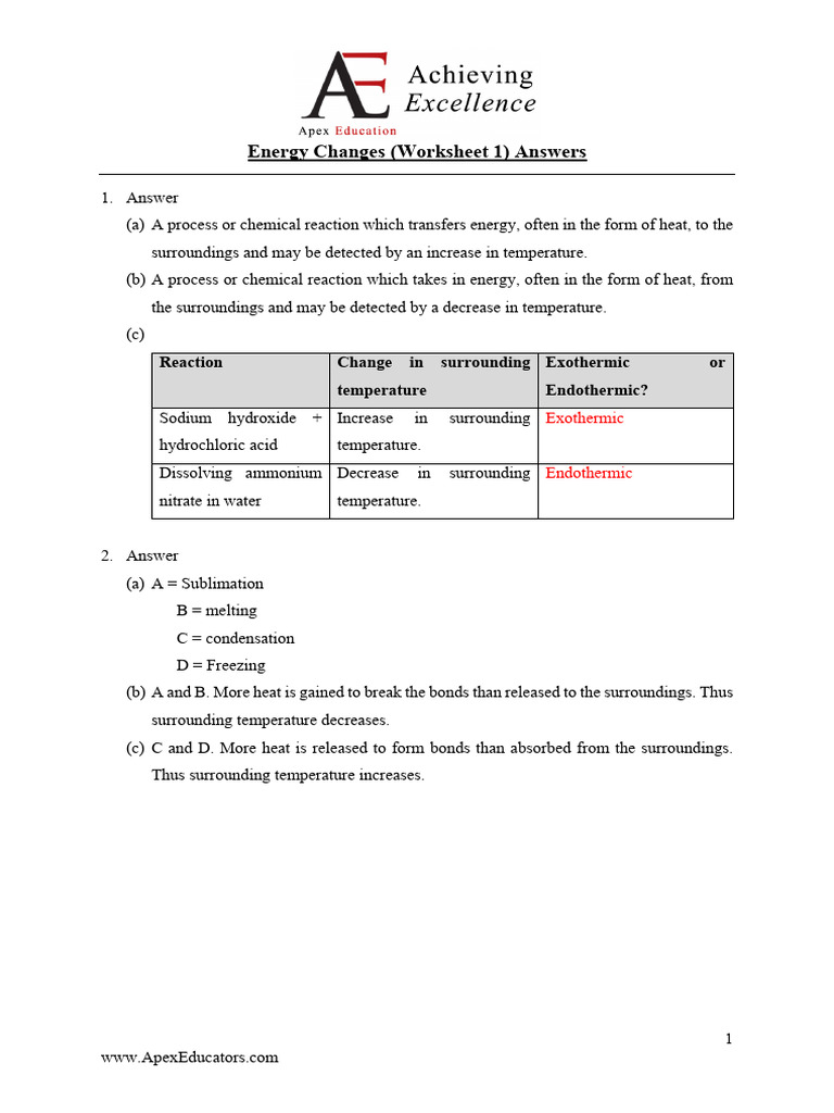Energy Changes Worksheet Answers | PDF | Chemical Reactions | Teaching ...