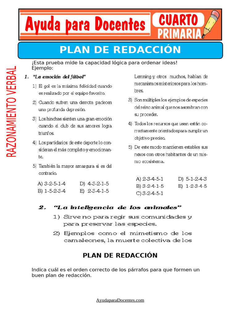 Fichas de Plan de Redaccion para Cuarto de Primaria | PDF