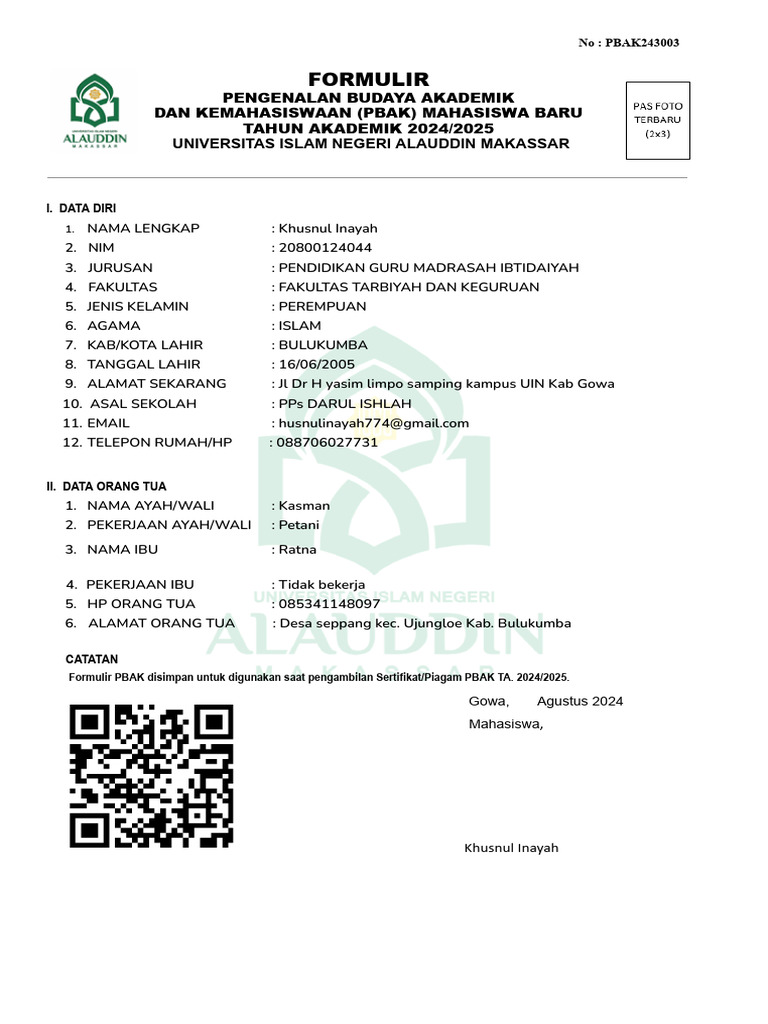 FORMULIR PBAK 2024 (20800124044 Khusnul Inayah) | PDF
