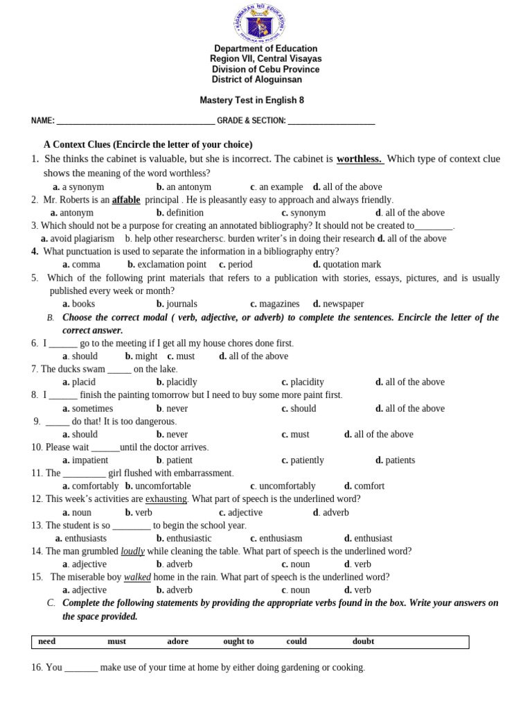 Mastery Test in English 8 | PDF | Part Of Speech | Adverb