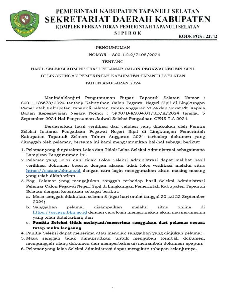 Pengumuman Hasil Seleksi Administrasi Cpns 2024 Pdf