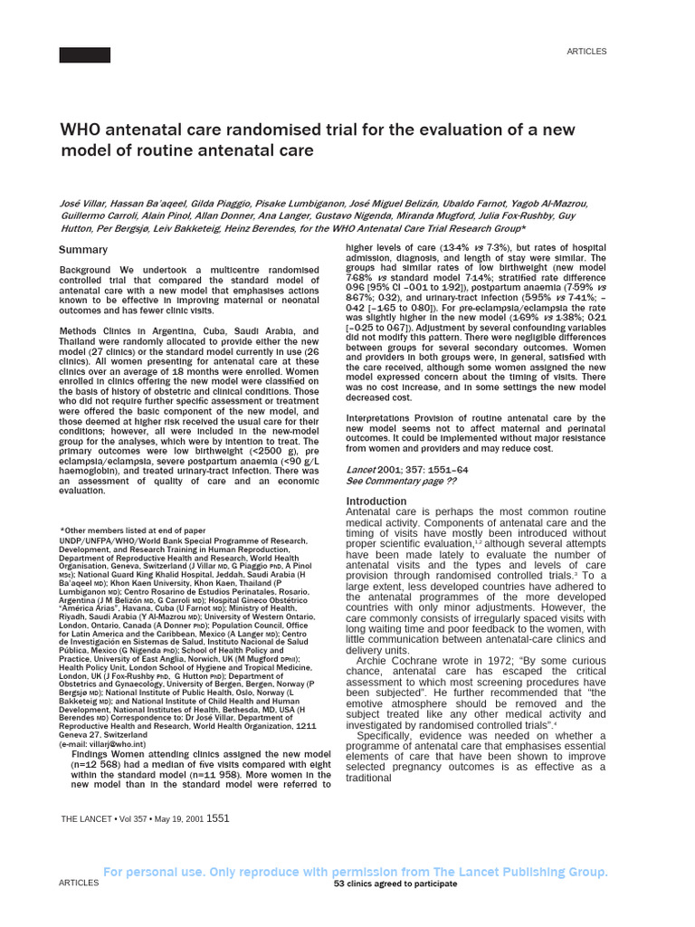 WHO Antenatal Care Randomised Trial For The Evaluation of A New Model ...