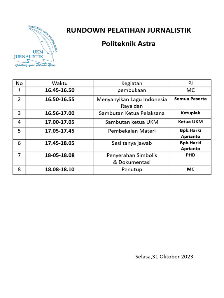 RUNDOWN Pelatihan Jurnalistik | PDF