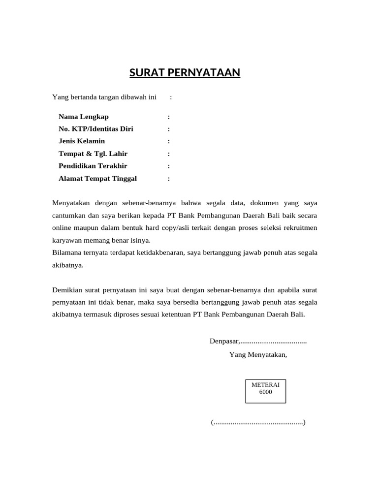 Surat Pernyataan Bahwa Data Yang Disampaikan Adalah Benar | PDF